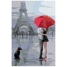 Картина по номерам, "Живопись по номерам", 80 x 120, FR06, Эйфелева башня, Париж, Влюбленные, красный зонт, романтика