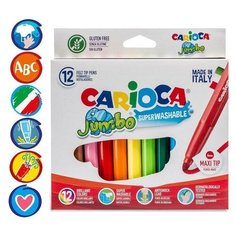 Фломастеры 12 цветов Carioca Maxi Jumbo, 6 мм, утолщенные, смываемые, картон, европодвес