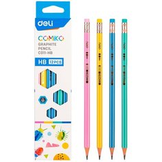 Карандаш чернографит. Deli EC011-HB Comiko HB шестигран. липа ластик коробка картонная (12шт)