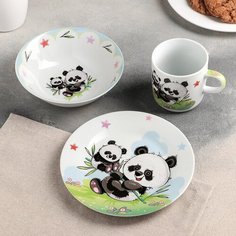 Набор детской посуды Доляна "Семья пандочек", 3 предмета: кружка 230 мл, миска 400 мл, тарелка 18 см Нет бренда