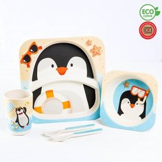 Набор детской посуды «Пингвинёнок», из бамбука, 5 предметов: тарелка, миска, стакан, столовые приборы Крошка Я