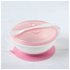Крошка Я Набор для кормления, 3 предмета: миска на присоске 400 мл, крышка, ложка, цвет присоски розовый, цвет крышки микс