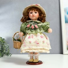 Кукла коллекционная керамика "Энни в нежно-мятном платье, шляпке и с корзинкой" 30 см Россия