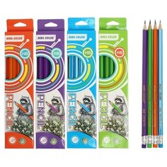 Карандаш чернографитный твёрдость НВ, с ластиком, шестигранный, заточенный, корпус микс Noname