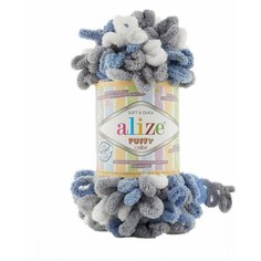 Пряжа Alize Puffy Color/Ализе Пуффи Колор/ 9м, 100г / 6075 белый-джинс-серый- 1 шт