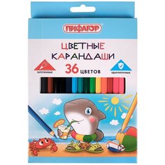 Карандаши цветные пифагор "Веселые акулята", 36 цветов, классические, заточенные, 181819
