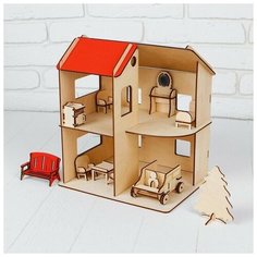 Домик фанера с машинкой и мебелью, 1-ый этаж: 12,5 см; 2-ой этаж: 17 см Нет бренда