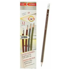 Карандаш чернографитный Koh-I-Noor 2B, сверхгибкий, с ластиком, 12 шт.