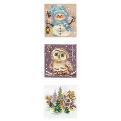 Набор для вышивания "Набор из трех открыток ( Снеговик, Зимний домик, Совушка) Алиса