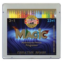 Карандаши с многоцветным грифелем цельнографитные Koh-I-Noor «Progresso Magic 8774», 23шт. + карандаш-блендер, заточен, в лаке, металл. коробка