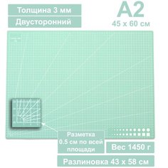 Коврик для резки двусторонний А2 450 х 600 мм мятный / Мат для резки непрорезаемый для раскройного ножа Patchy