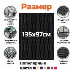 Подставка для горшка из ЕВА (EVA) материала. Удерживает жидкость внутри ячеек. Защитный коврик под цветы и растения. 135х97 Сота Черная с ровным краем Kago