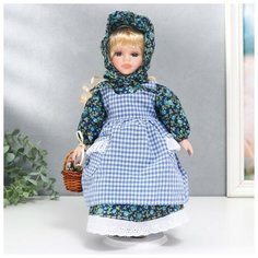 --- Кукла коллекционная керамика "Маруся в синем цветочном платье и косынке" 30 см