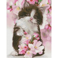 Алмазная мозаика ТРИ совы "Котенок в цветах", 30*40см, холст, картонная коробка с пластиковой ручкой