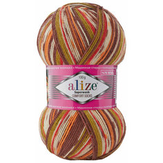 Пряжа Alize Superwash comfort socks белый-оранжевый-коричневый-зеленый (7709), 75%шерсть/25%полиамид, 420м, 100г, 3шт