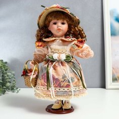 Кукла коллекционная керамика "Клара в платье с розами, шляпке и с корзинкой" 30 см Россия