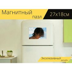Магнитный пазл "Мальчик, ребенок, салон красоты" на холодильник 27 x 18 см. Lots Prints