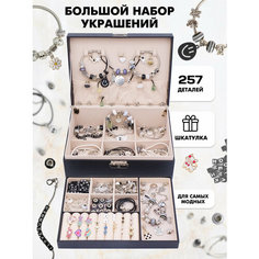 Большой набор для творчества и создания украшений в шкатулке (браслеты, подвески, серьги, кольца) Цвет Серебро/Черный, 257 предметов Litlantica