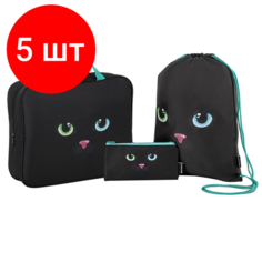 Комплект 5 шт, Школьный набор BRAUBERG: папка А4, мешок для обуви 42х33 см, пенал-косметичка 20х10 см, "Black cat", 271434