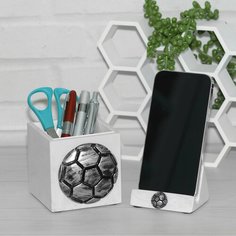 Подарок Футболисту: Подставка для ручек, подставка для телефона с мячом // Цвет мраморное серебро Нет бренда