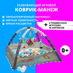 Развивающий коврик-манеж с подвесными игрушками и шариками URM
