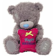 Мягкая игрушка Me to you Мишка Тедди с подушкой Happy birthday, 30 см, светло-серый