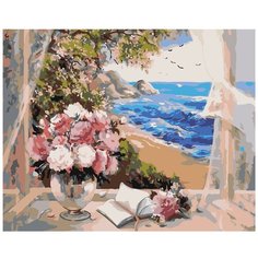 Картина по номерам, "Живопись по номерам", 72 x 90, ARTH-AH154, цветы, пейзаж, море, подоконник, книжка, блокнот, открытое окно