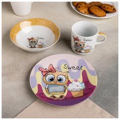 Набор детской посуды Доляна «Совёнок», 3 предмета: кружка 250 мл, миска 400 мл, тарелка d=18 см