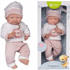 Пупс Junfa Pure Baby в кофточке, бело-розовых в полоску штанишках и шапочке, с аксессуарами, 35 см