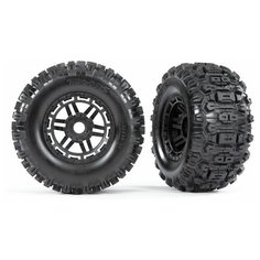 Аксессуары TRAXXAS запчасти Tires & wheels, assembled, glued (black wheels, dual profile (2.8" outer, 3.6" inner), Sledgehammer&#153; tires