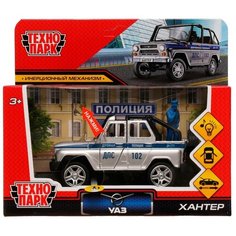 329199 Машина металл UAZ HUNTER полиция 11,5 см, двери, багаж, серебристый, кор. Технопарк