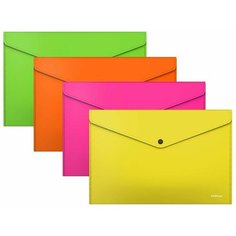 Папка-конверт на кнопке пластиковая ErichKrause Glossy Neon, полупрозрачная, A4, ассорти (в пакете по 12 шт.)