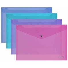 Папка-конверт на кнопке пластиковая ErichKrause Fizzy Vivid, полупрозрачная, A4, ассорти (в пакете по 12 шт.)