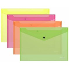 Папка-конверт на кнопке пластиковая ErichKrause Fizzy Neon, полупрозрачная, A4, ассорти (в пакете по 12 шт.)