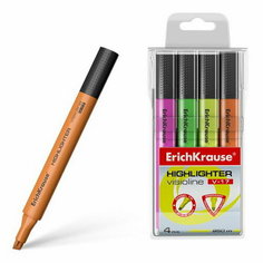 Набор маркеров текстовыделителей Visioline V-17, 4 штуки, 0.6-4.5 мм, чернила на водной основе, жёлтый, зелёный, розовый, оранжевый Erich Krause