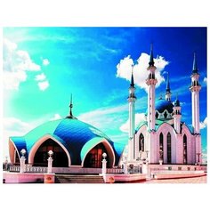Алмазная мозаика 40 на 50 "Белые облака и синее небо над мечетью Кул-Шариф" холст на подрамнике, круглые стразы Нет бренда