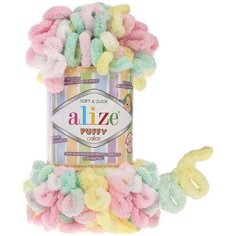 Пряжа Alize Puffy color белый-желтый-розовый-зеленая бирюза (5862), 100%микрополиэстер, 9м, 100г, 3шт