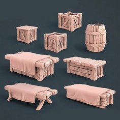 Terrain (Террейн) Benches and Boxes - Лавочки и ящики (8 предметов) (Warhammer, DND) Нет бренда