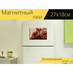 Магнитный пазл "Женщина, улыбка, жест" на холодильник 27 x 18 см. Lots Prints