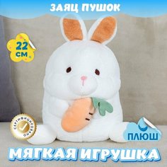 Мягкая игрушка Зайка Пушок с морковкой для девочек и мальчиков / Плюшевый Зайчик для малышей KiDWoW белый 22см