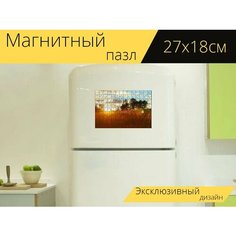 Магнитный пазл "Заход солнца, луг, деревья" на холодильник 27 x 18 см. Lots Prints
