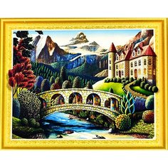 Алмазная мозаика круглые, частичная выкладка, на подрамнике, природа, озеро, Италия, город, домик, лодка, пейзаж 40*50 Kakadu