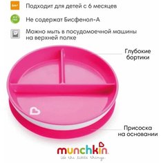 Тарелка детская на присоске секционная Munchkin, Stay Put™ ярко-розовый, 6+ мес.