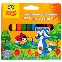 Мульти-Пульти Карандаши цветные Мульти-Пульти Енот на лугу, 12цв, утолщ, трехгран, укорочен, заточен, картон, 4 шт.