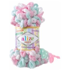 Пряжа 100%микрополиэстер Puffy color ALIZE белый-мята-розовый (6052), 9м±0,6м, 100г
