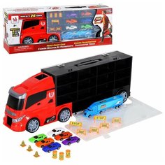 Игровой набор машин «Автовоз -чемодан», 7 металлических машинок, дорожные знаки, игрушки для детей, подарок для детей, для мальчиков, красный Компания друзей