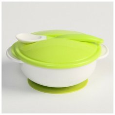 Набор для кормления: миска на присоске с крышкой, ложка, цвет белый/зеленый Noname