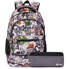 Школьный рюкзак TORBER CLASS X T2743-WHI-BLK-P черно-белый с рисунком, полиэстер, 45х30х18 см, 17 л + Пенал в подарок!