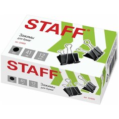 Зажимы для бумаг STAFF, комплект 12 шт, 41 мм, 200 листов, черные, картонная коробка, 224609