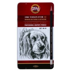 Набор карандашей чернографитных разной твердости 12 штук Koh-i-Noor 1912, 8B-2H, утолщённые, в металлическом пенале